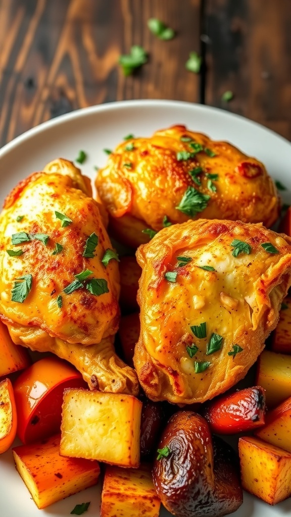 Crispy air fryer chicken served with roasted vegetables on a rustic wooden table.